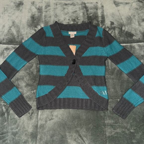 Arizona Cardigan Sweater Women's Medium Teal Gray Striped Long Sleeve Y2K NWT - Picture 4 of 8